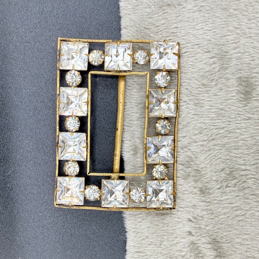 Vintage Czech Belt Buckle Gold Tone Paste Stone‎ Rhinestone Rectangle READ